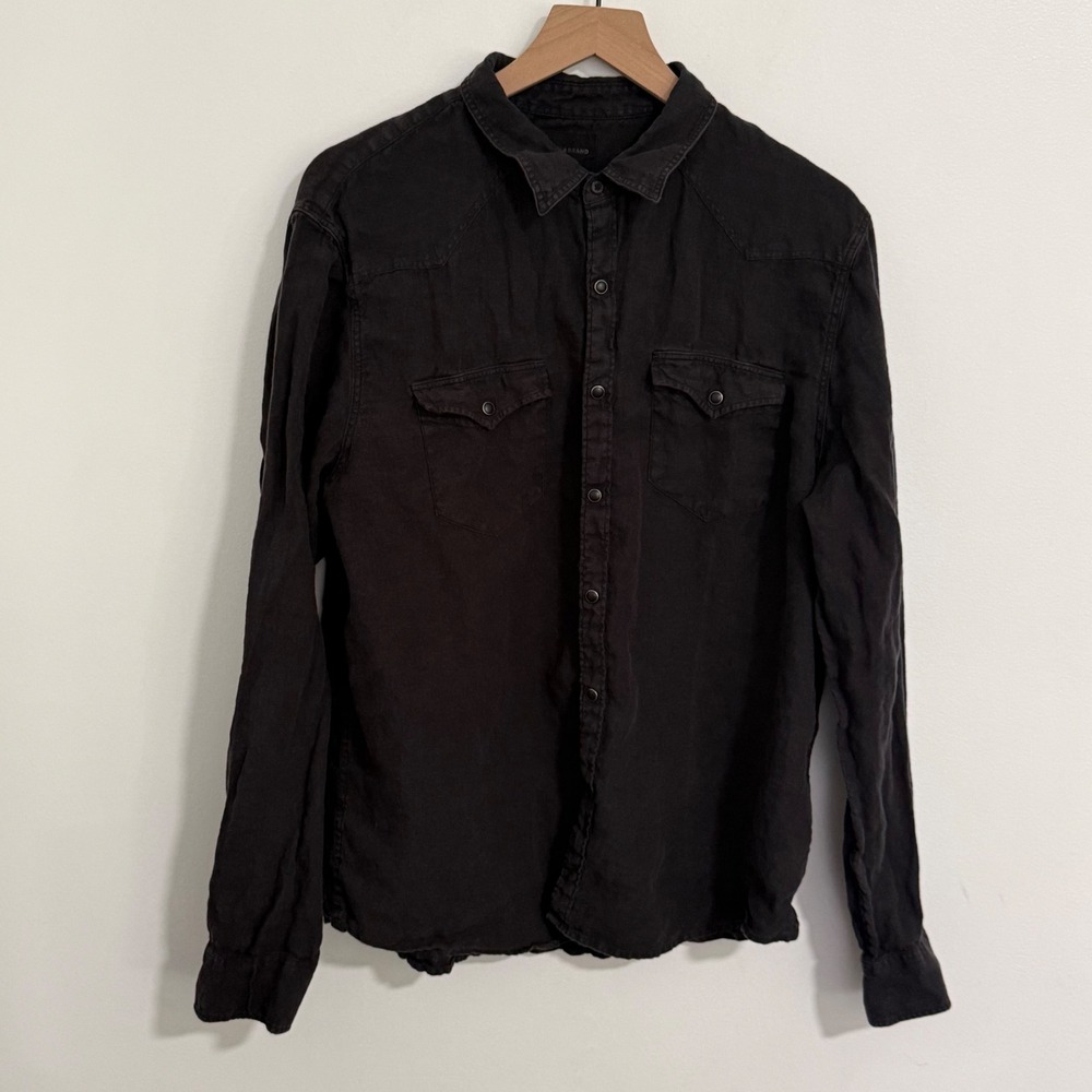 Lucky Brand Western Shirt Womens L Black 100% Linen Snap Button Boho Cowgirl